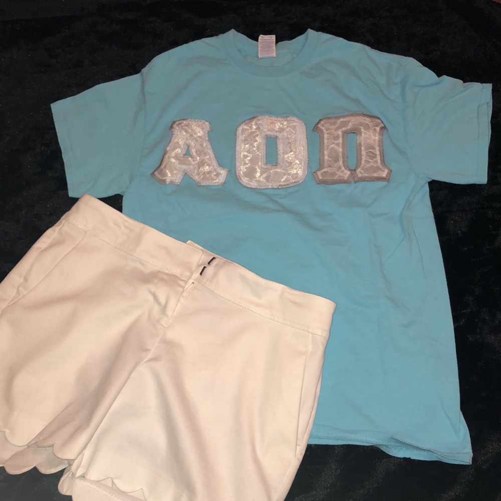 AOII blue and white lace stitched letters